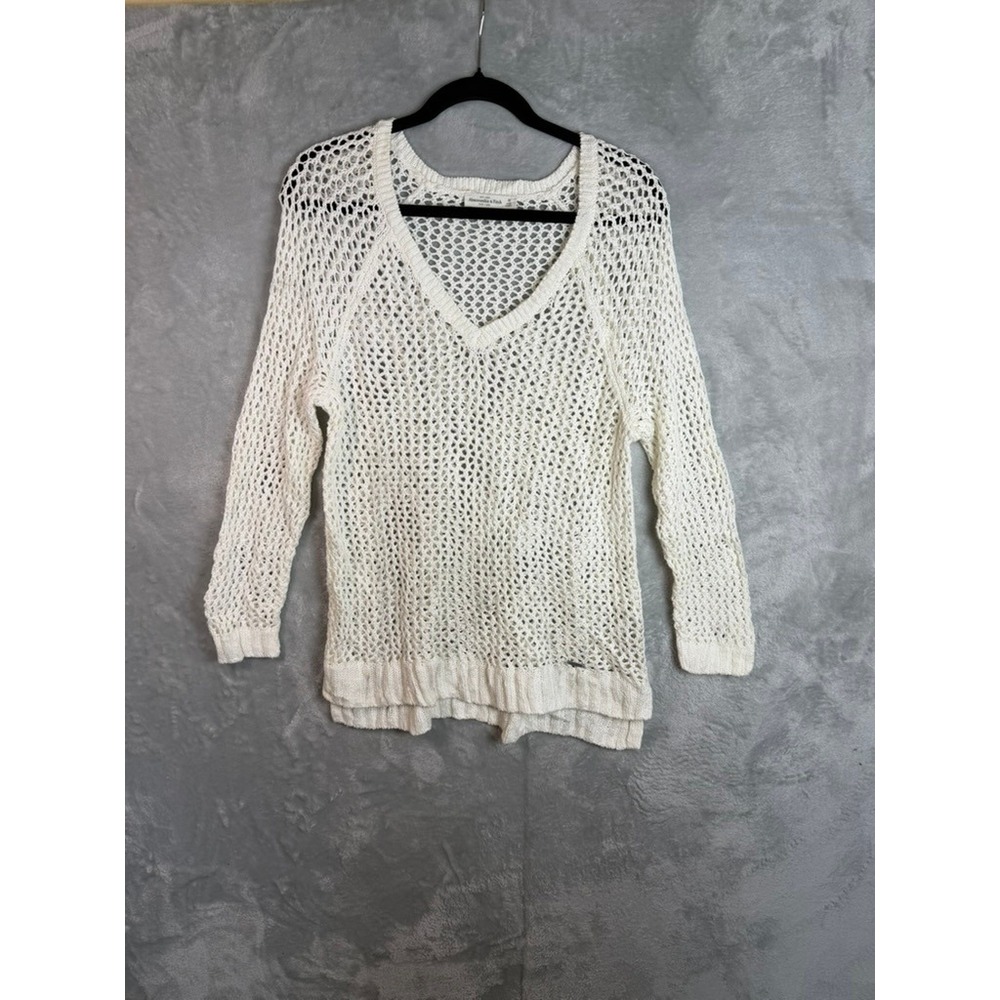 ABERCROMBIE & FITCH Open Knit Sweater Women M Ivory V Neck Cotton crochet